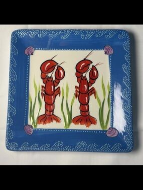Coastal Red Lobster Ceramic Square Serving Plate - Blue Border